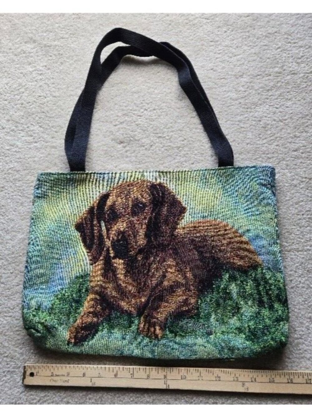 Linda Picken Brown Dachshund Signed Tapestry Tote Green Background - Picture 4 of 5